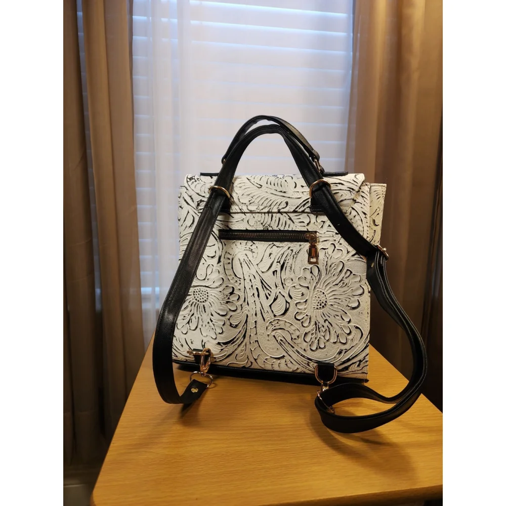 LEATHER White & Black BACKPACK Embossed Tooled Artisan Shoulder Bag Purse Hobo